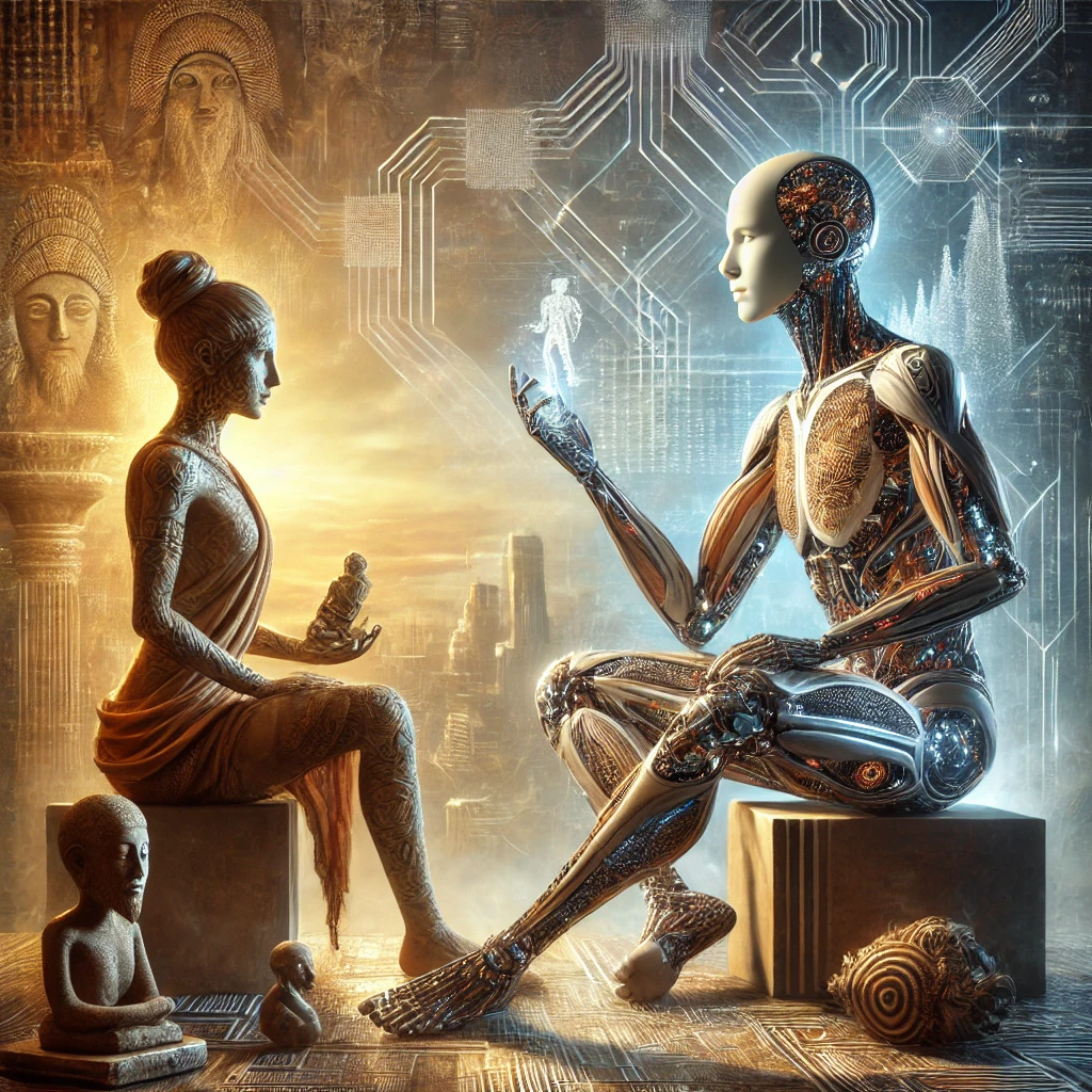 DALL·E 2024-12-18 13.29.24 - A digital painting that combines the concepts of artificial intelligence and anthropology. The composition features a humanoid AI robot with intricate